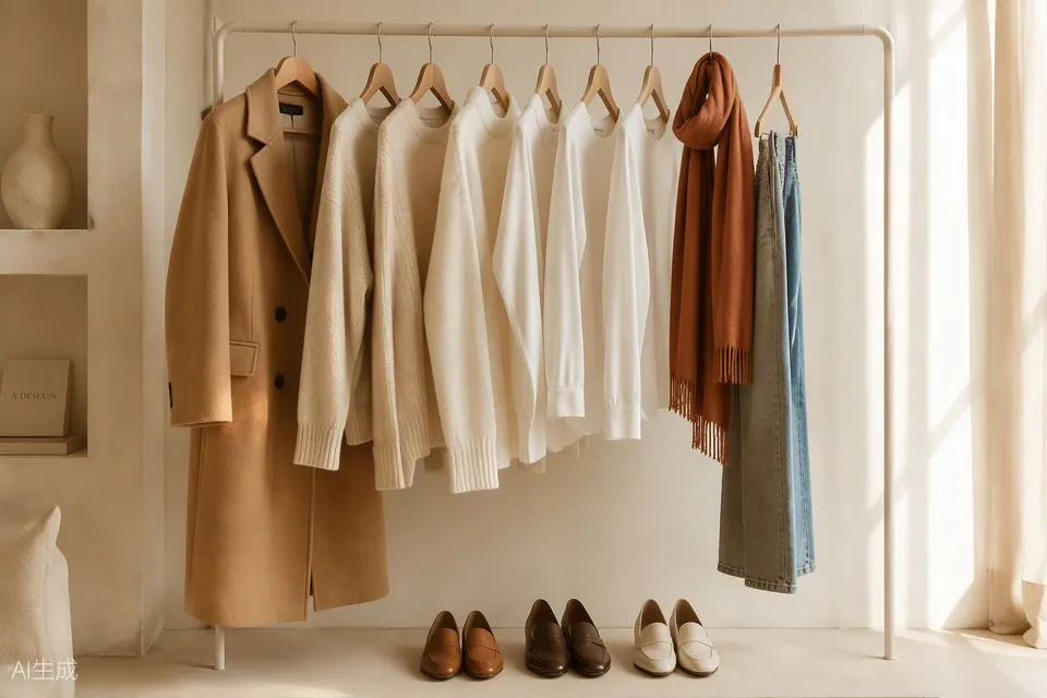 Neutral capsule wardrobe on a cream rail